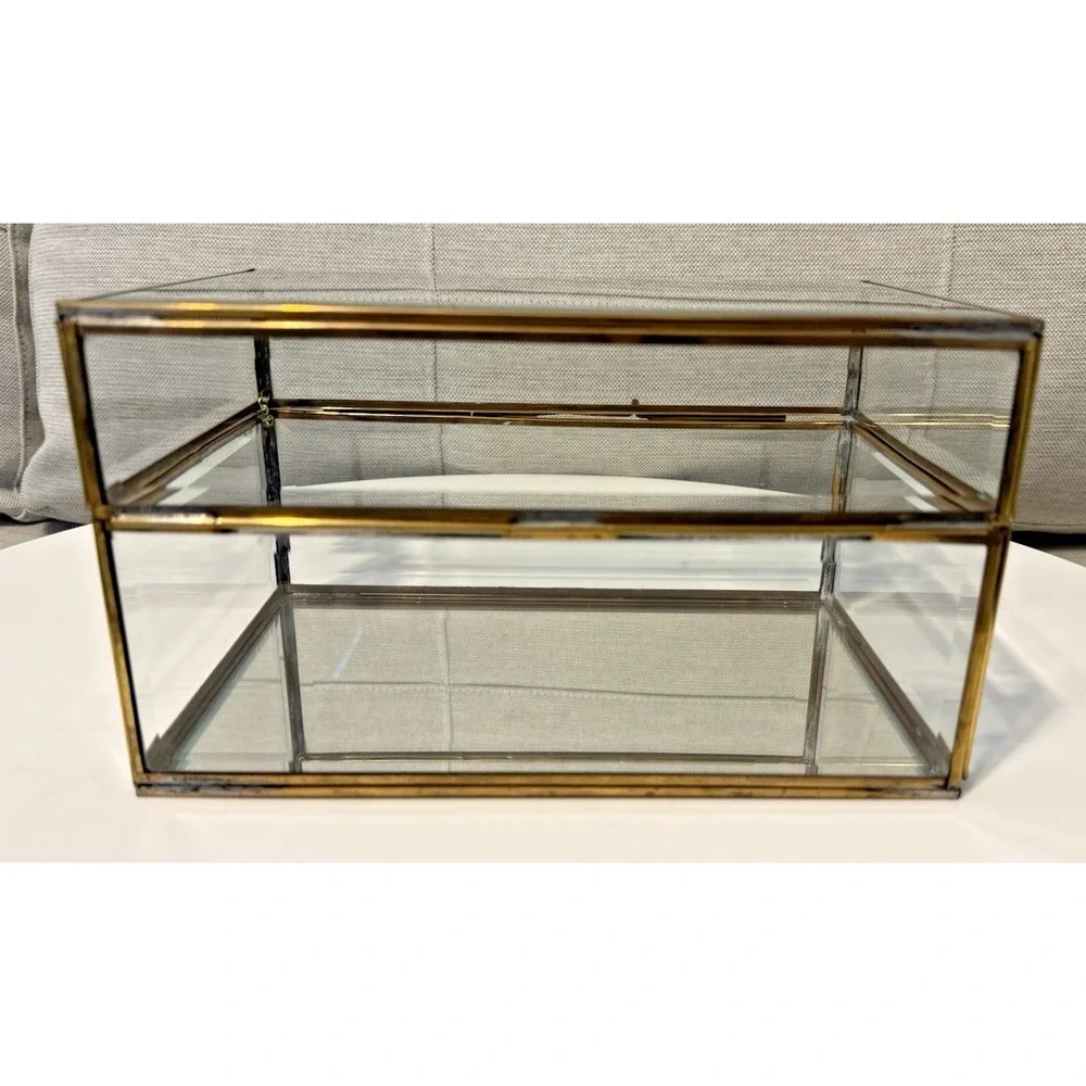 Vintage Enesco Glass Brass Large Curio Trinket Jewelry Box Display